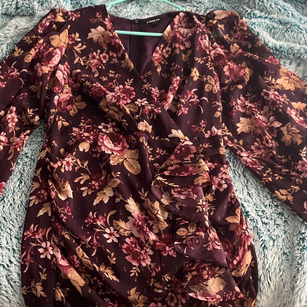 Express Maroon Floral Long Sleeve Dress